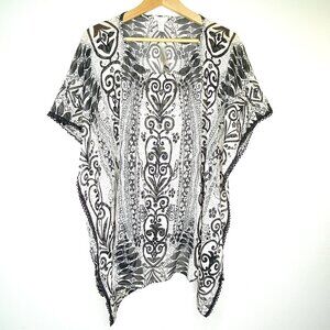 NWT Chico's Ramika Peri Poncho Black White One Size Sheer Beaded Embroidered